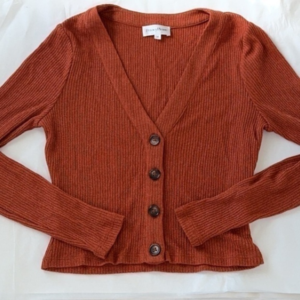 Privacy‎ Please Nadia Rust Metallic Shimmer Button Down Cardigan Size Medium - Picture 2 of 12